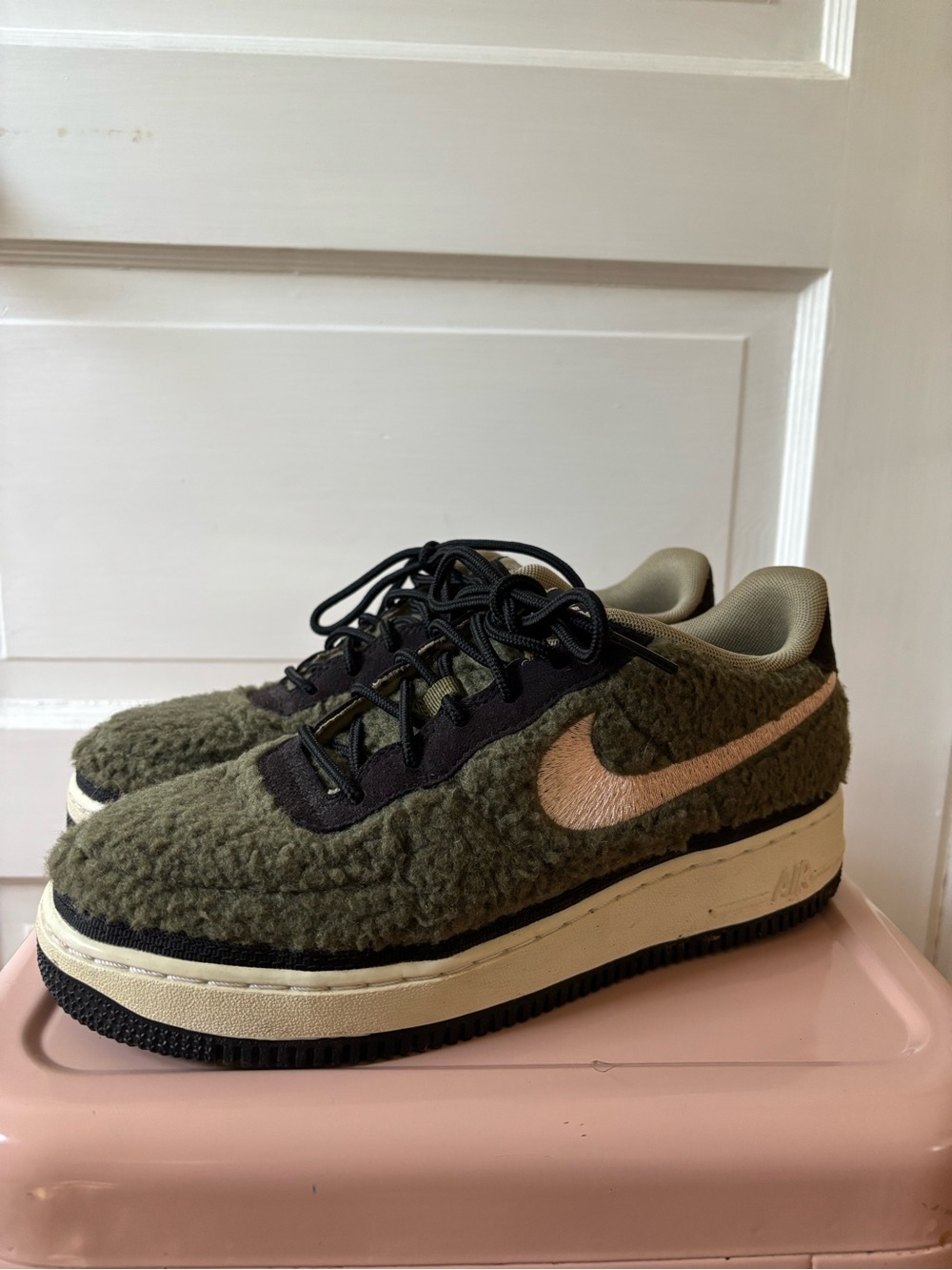 Nike Olive Green Shearling Low Top Sneakers with Pink Swoosh